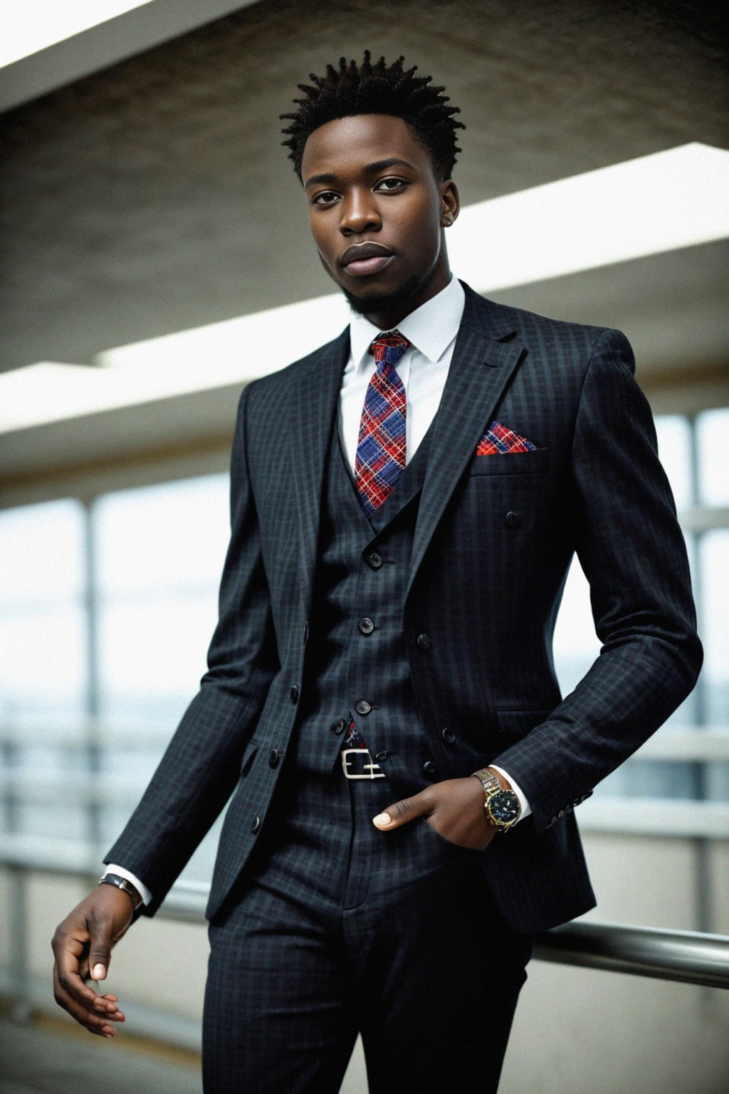 handsome and stylish man showcasing a dappersuit in a bold plaid pattern with a solid-colored shirt and a knitted tie