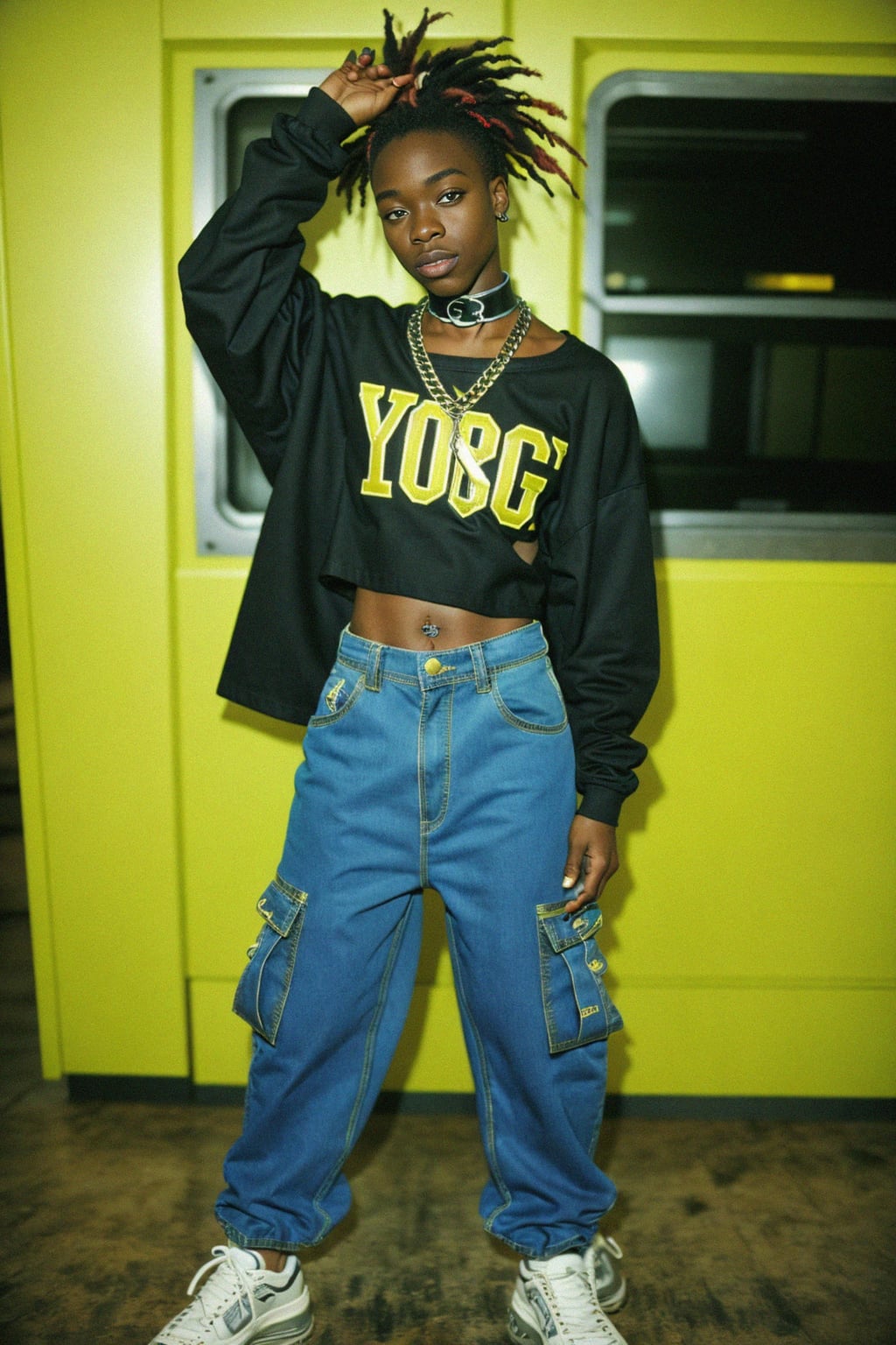 man wearing Y2K aesthetic, 2000s fashion, aughts style, noughties style, grunge or 2000s style, oversized washed out style, baggy pants, low rise pants or cargo pants, crop top, Choker, Metallic, iridescent fabrics, posing for photo