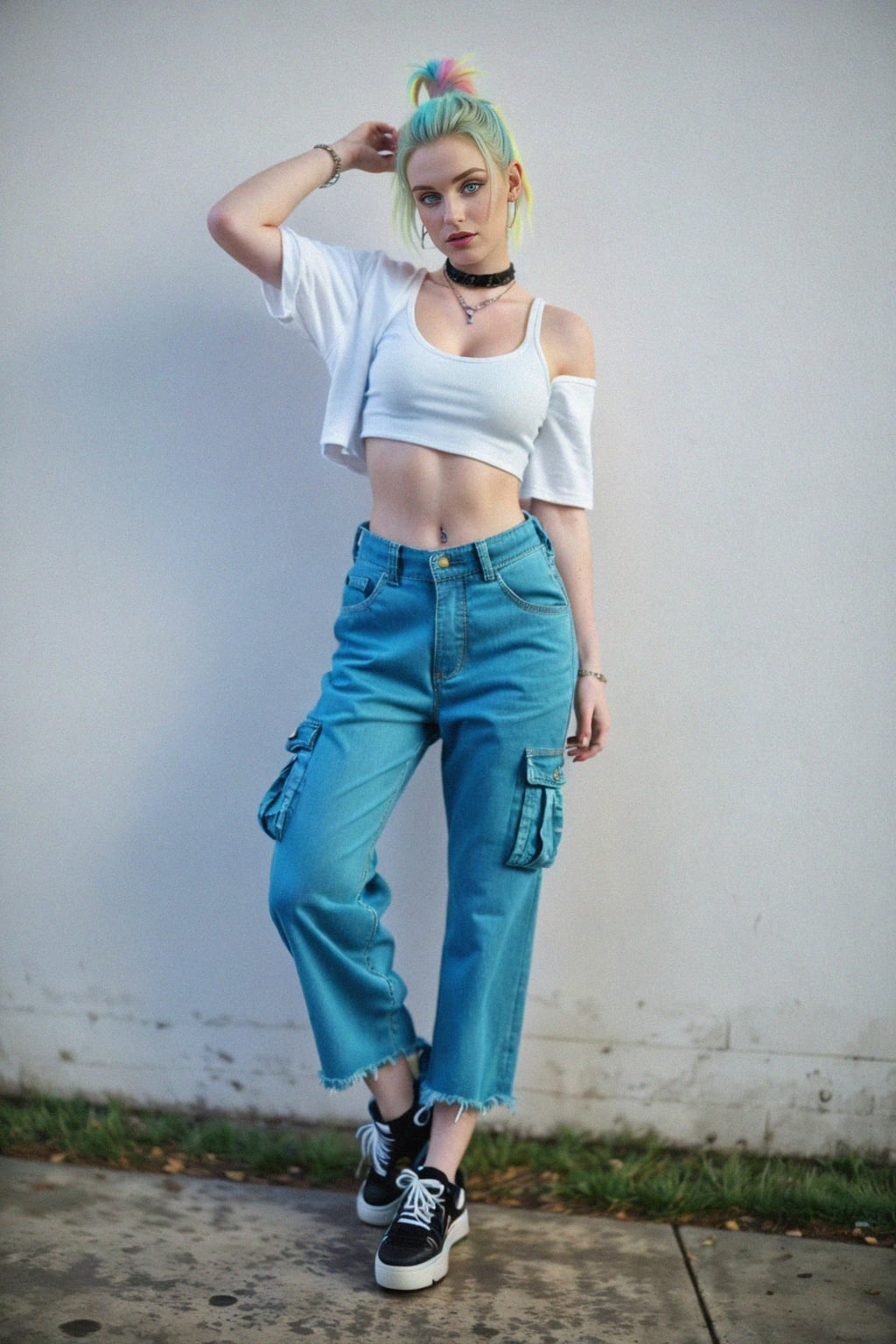 woman wearing Y2K aesthetic, 2000s fashion, aughts style, noughties style, grunge or 2000s style, oversized washed out style, baggy pants, low rise pants or cargo pants, crop top, Choker, Metallic, iridescent fabrics, posing for photo