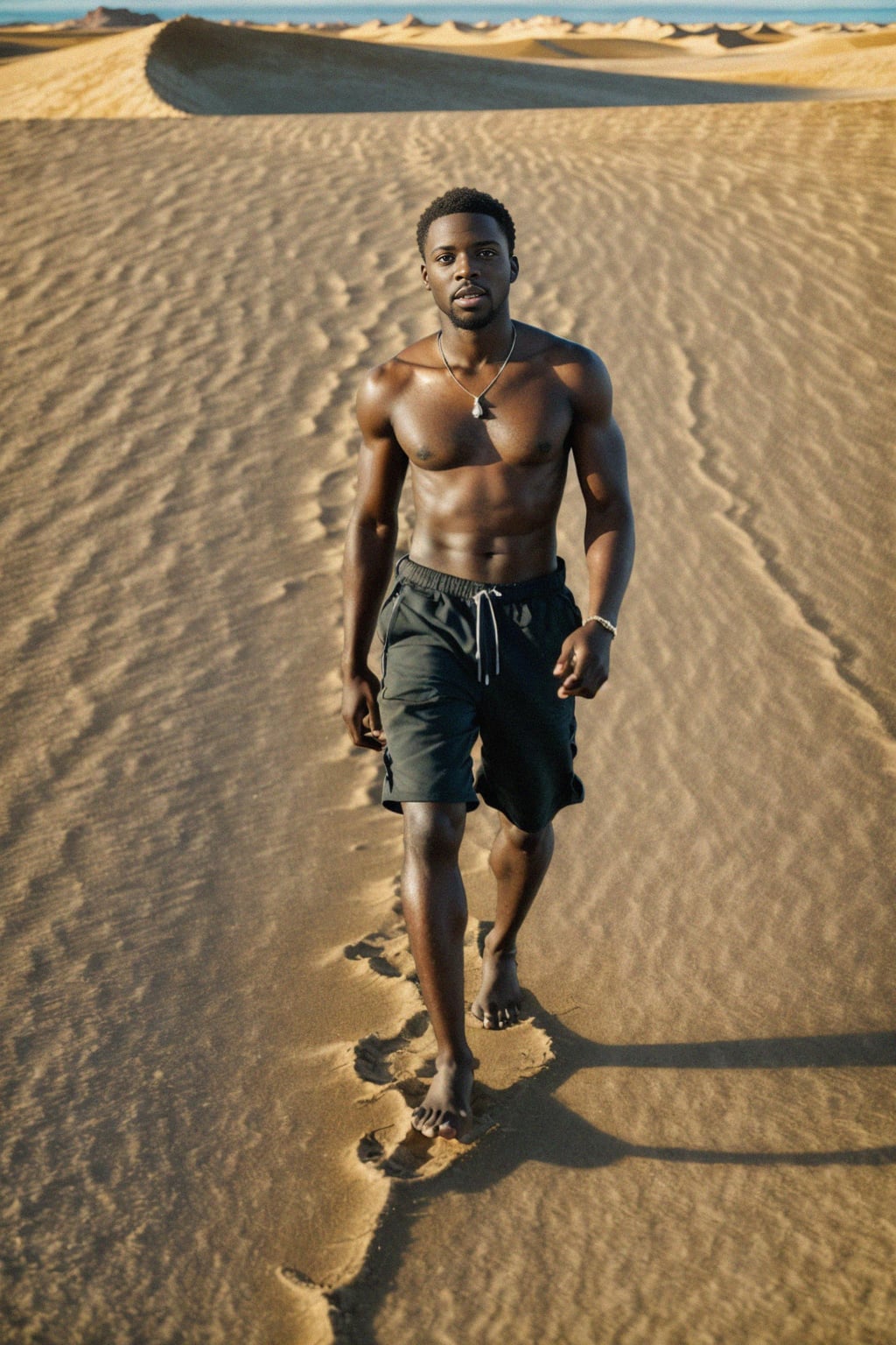 man walking barefoot along a sandy desert dune, connecting with the raw and vast expanse of nature