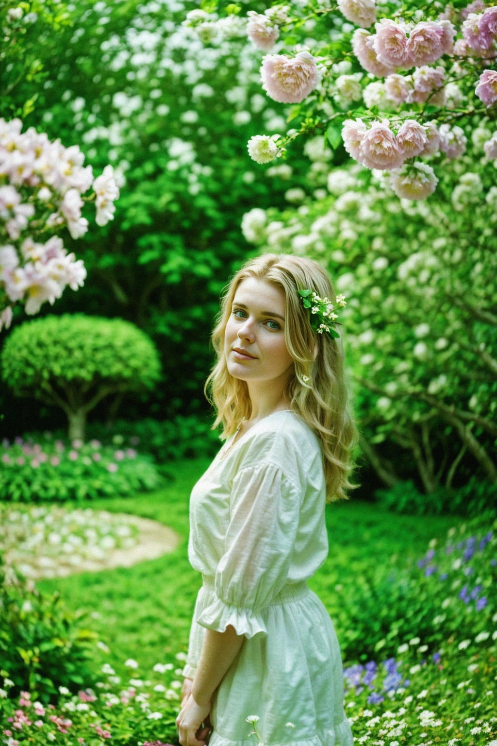 woman in a peaceful garden, surrounded by blooming flowers and lush greenery, embodying the harmony and beauty of cultivated nature