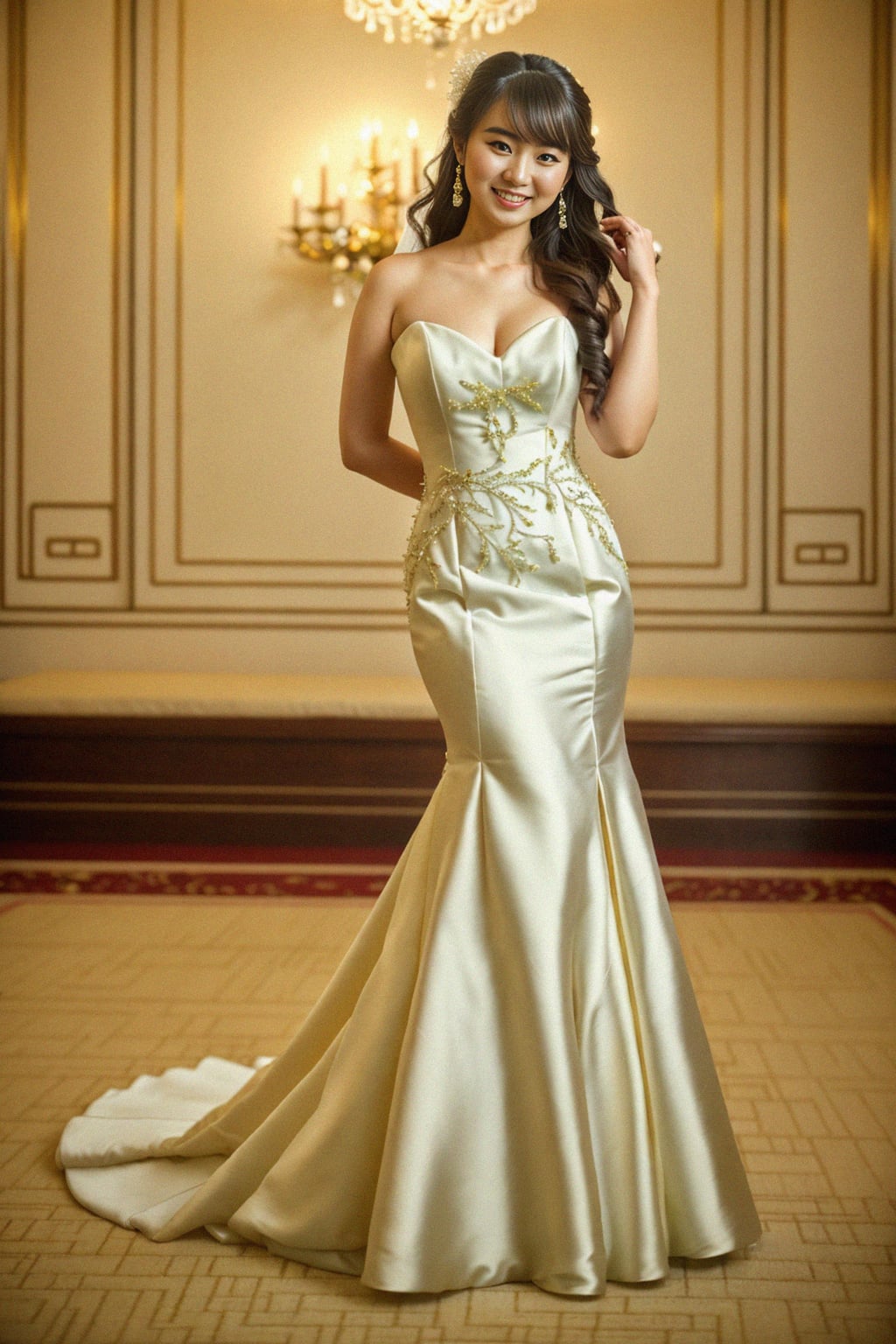 full body shot of smiling woman in wedding photoshoot. Bridal style. Wedding style. Marriage style. Wedding dress . At a glamorous hotel wedding venue.