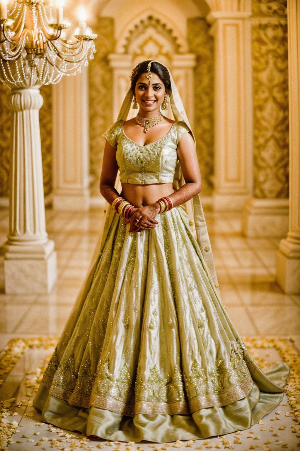 full body shot of smiling woman in wedding photoshoot. Bridal style. Wedding style. Marriage style. Wedding dress . At a glamorous hotel wedding venue.