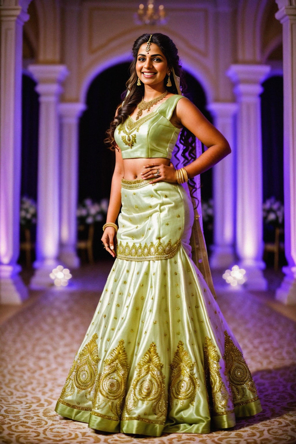 full body shot of smiling woman in wedding photoshoot. Bridal style. Wedding style. Marriage style. Wedding dress . At a glamorous hotel wedding venue.
