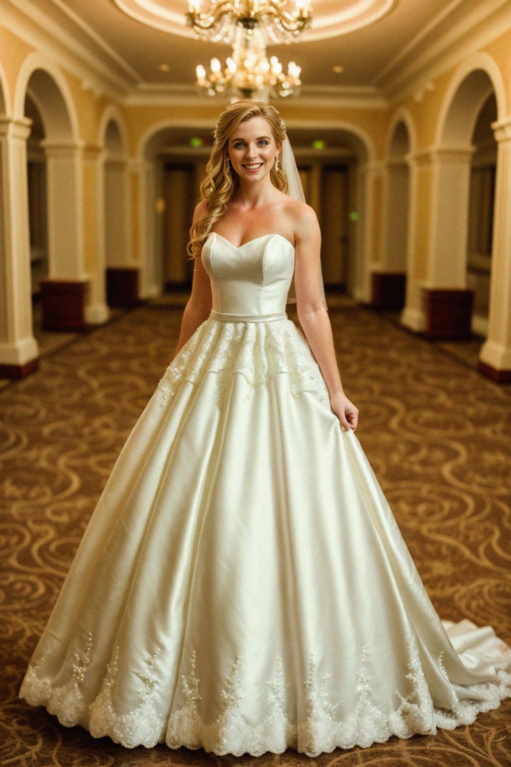 full body shot of smiling woman in wedding photoshoot. Bridal style. Wedding style. Marriage style. Wedding dress . At a glamorous hotel wedding venue.
