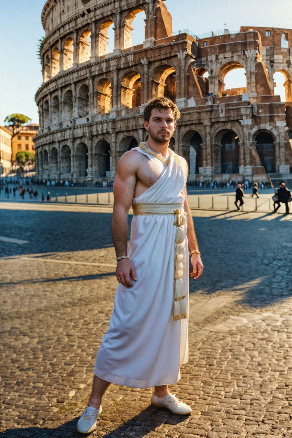grand and historical man in Rome wearing a traditional Roman stola/toga, Colosseum in the background