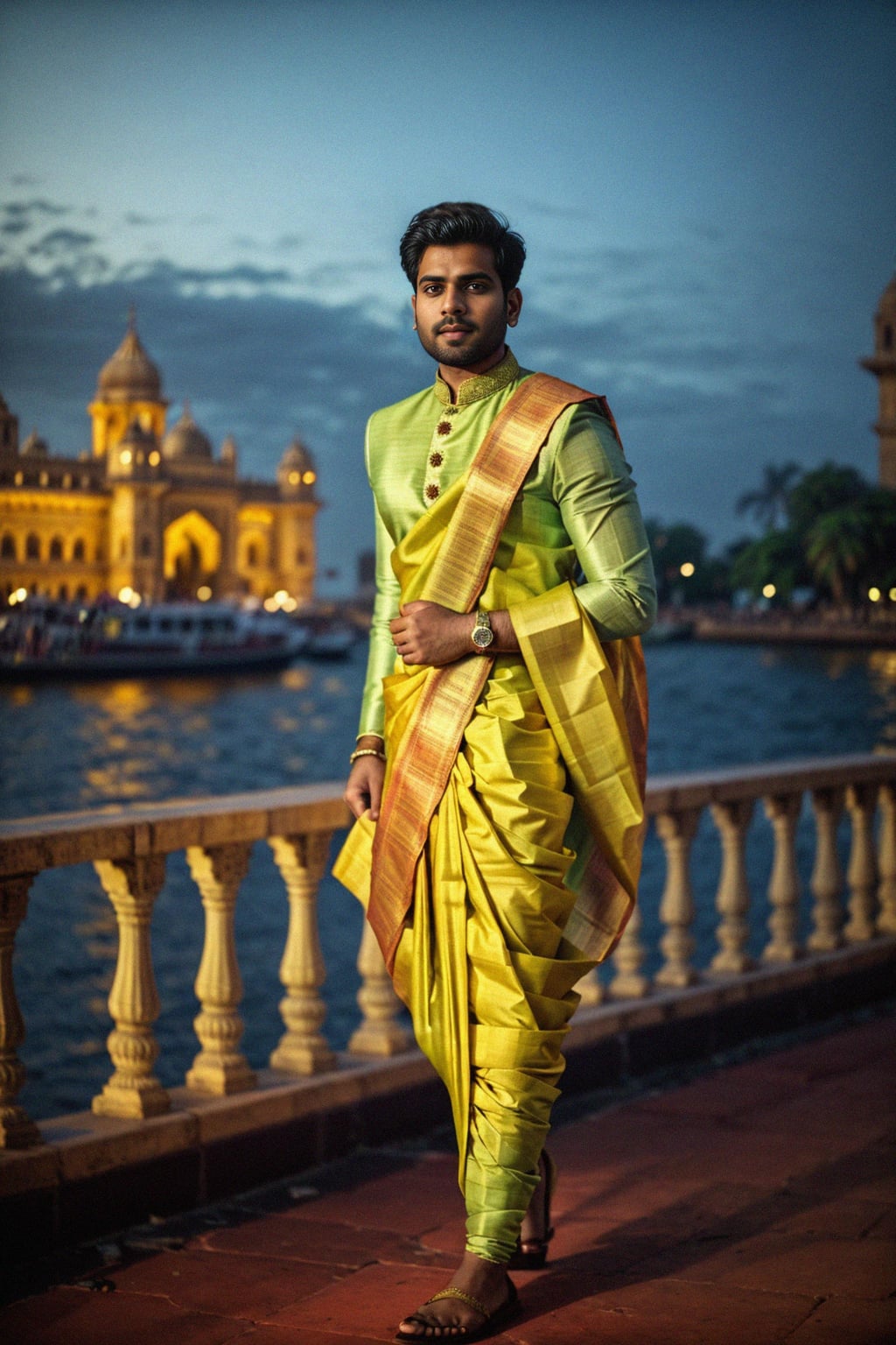 classic and traditional man in Mumbai wearing a vibrant Saree Sherwani, Gateway of India in the background