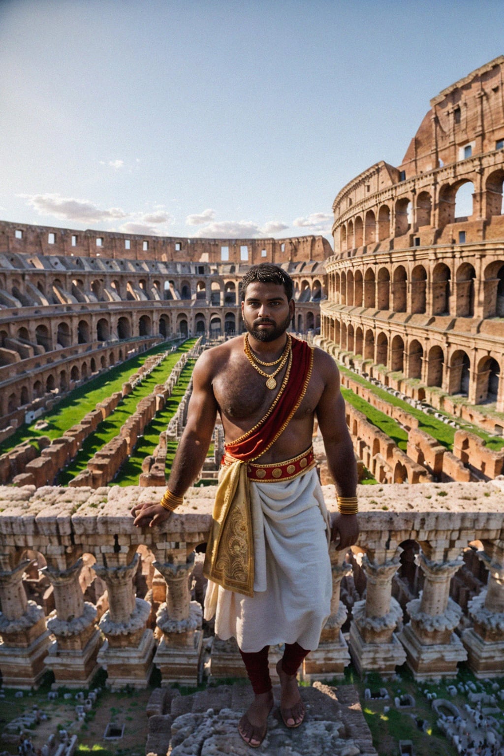 grand and historical man in Rome wearing a traditional Roman stola/toga, Colosseum in the background