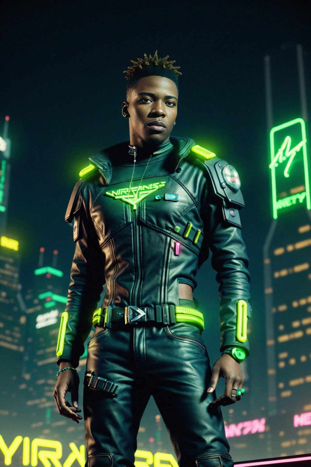 cyberpunk man with futuristic cyberpunk neon clothes standing in cyberpunk city with neon lights city on Mars in future, neon billboards, skyscrapers