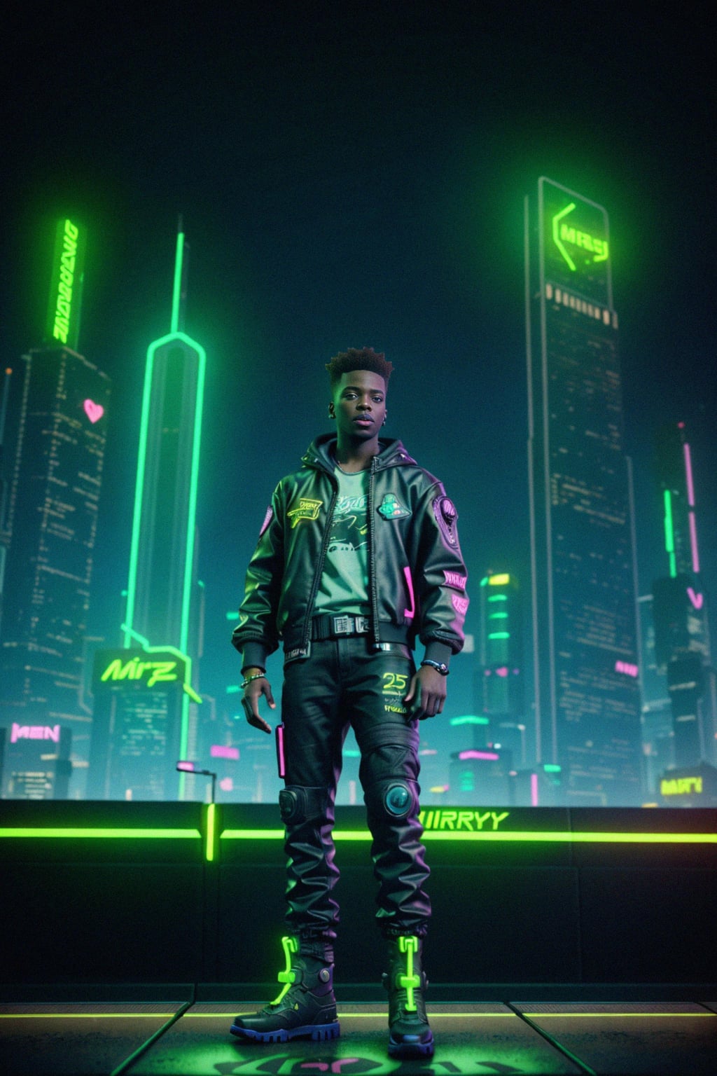 cyberpunk man with futuristic cyberpunk neon clothes standing in cyberpunk city with neon lights city on Mars in future, neon billboards, skyscrapers