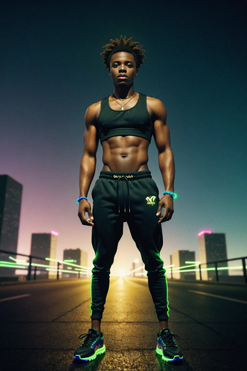 man wearing sporty neon  tank top and holographic joggers in a dystopian digital cityscape