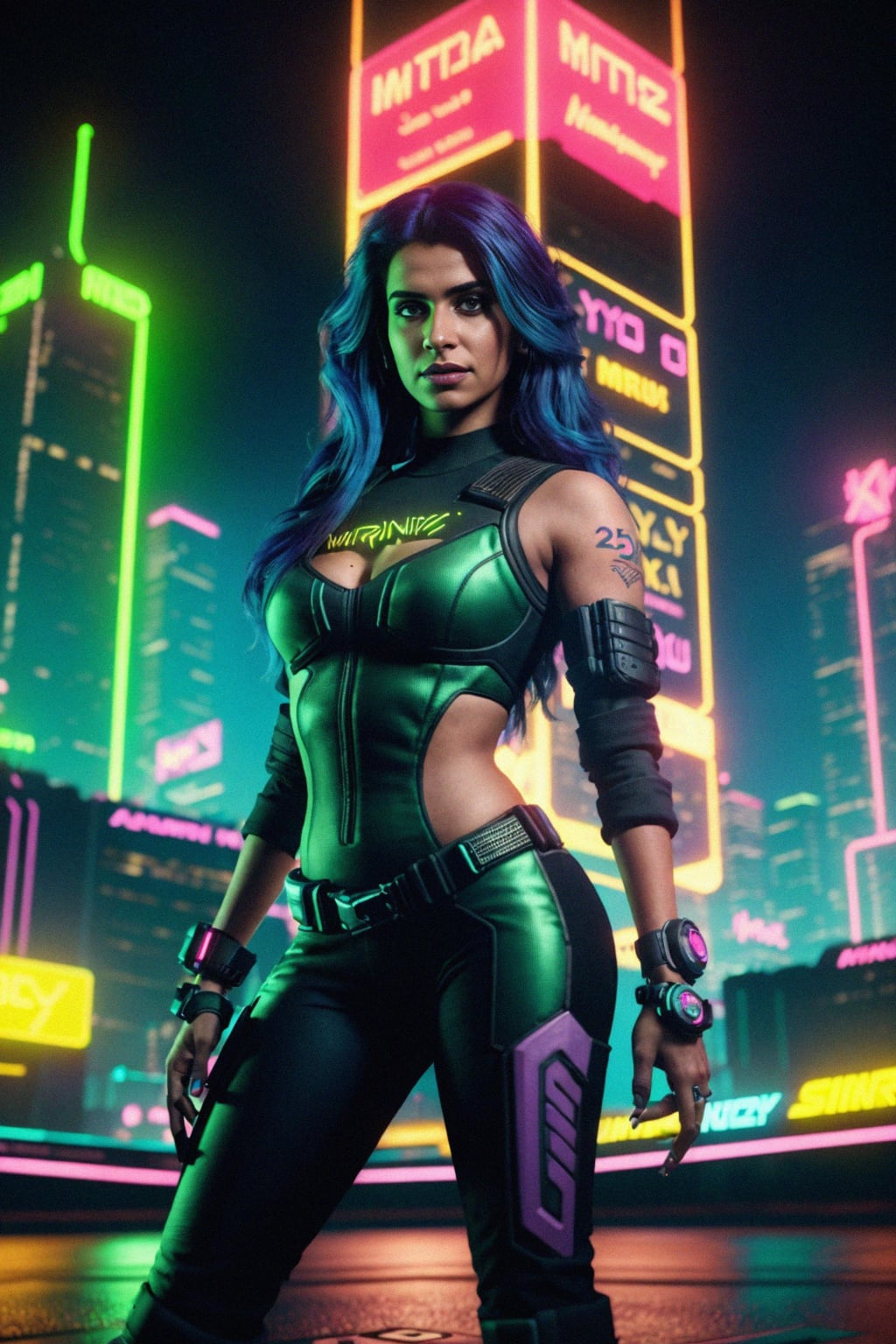 cyberpunk woman with futuristic cyberpunk neon clothes standing in cyberpunk city with neon lights city on Mars in future, neon billboards, skyscrapers