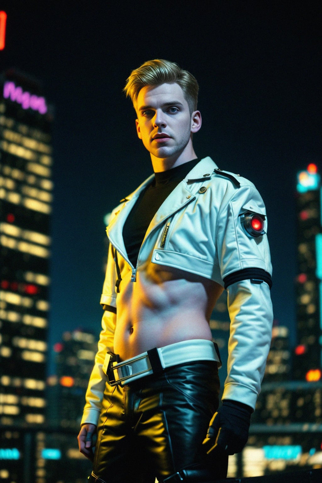 cosplayer man in a cyberpunk outfit, posing against the backdrop of bright city lights