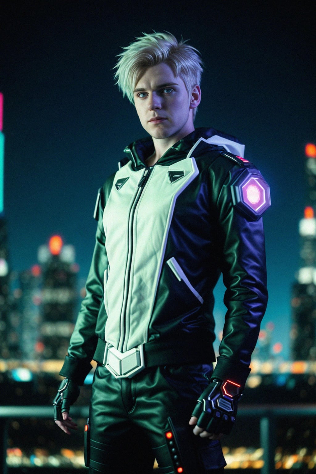 cosplayer man in a cyberpunk outfit, posing against the backdrop of bright city lights