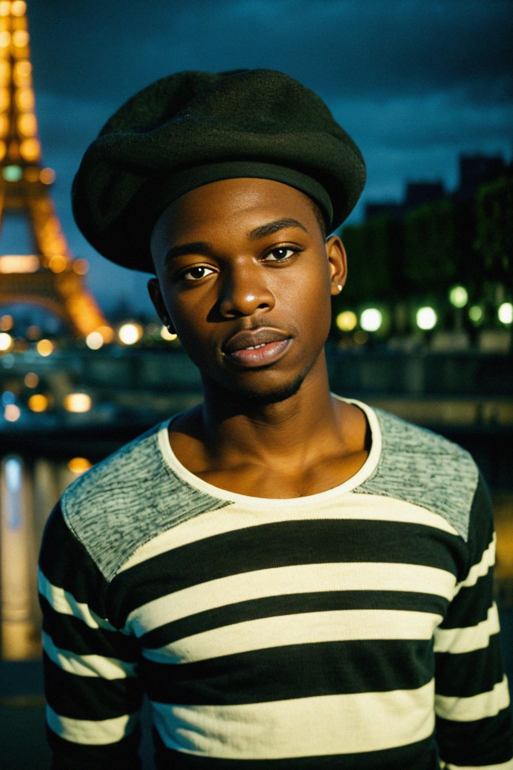 sharp and trendy man in Paris, wearing a beret and striped top, Eiffel Tower in the background