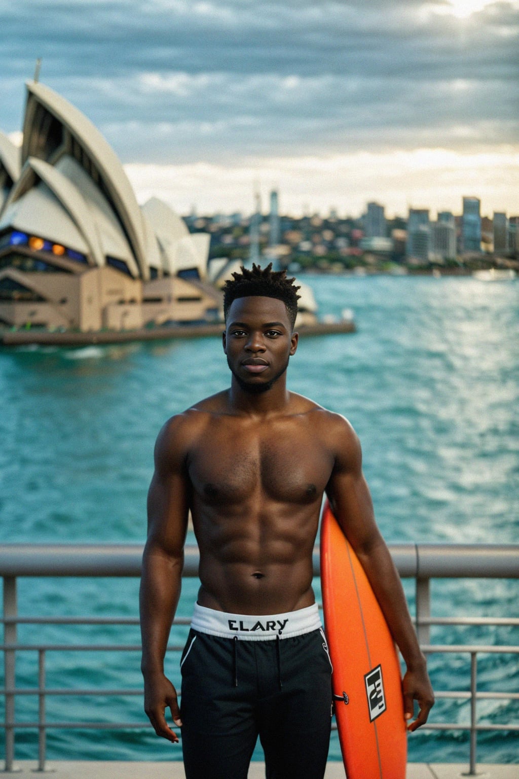 sharp and trendy man in Sydney wearing a surf-inspired outfit, Sydney Opera House in the background