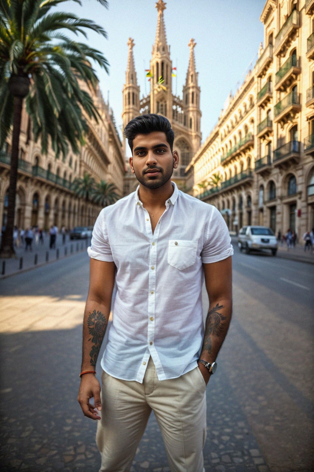 sharp and trendy man in Barcelona wearing a stylish summer outfit, La Sagrada Família in the background