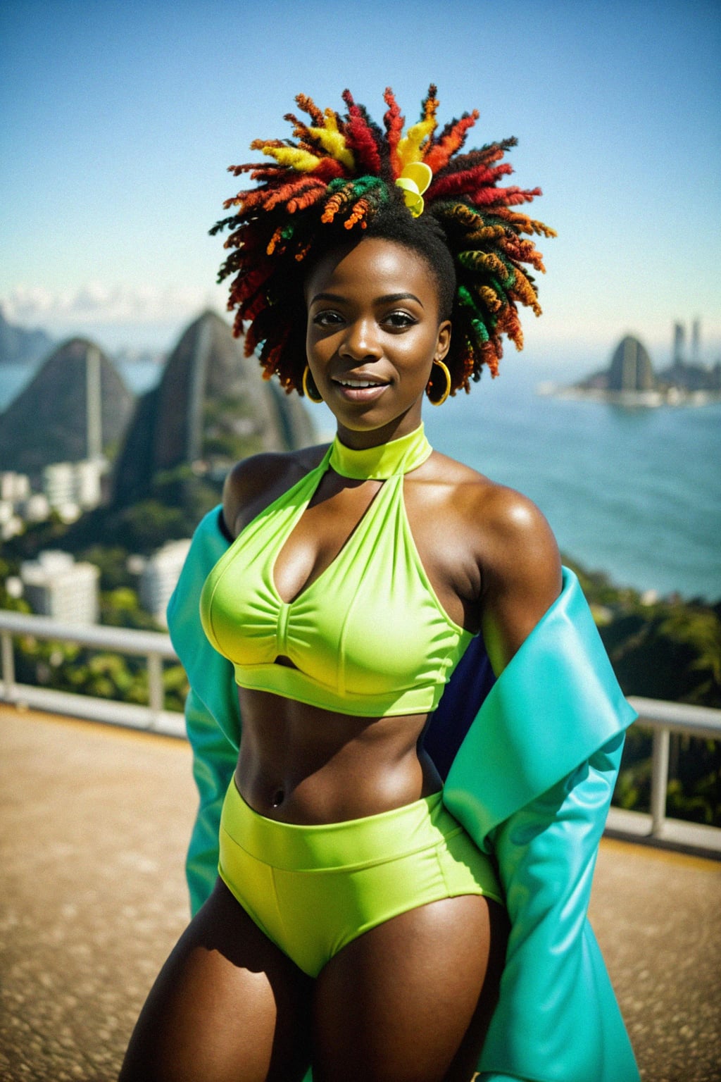 stylish and chic  woman in Rio de Janeiro wearing a vibrant carnival-inspired costume, Christ the Redeemer statue in the background