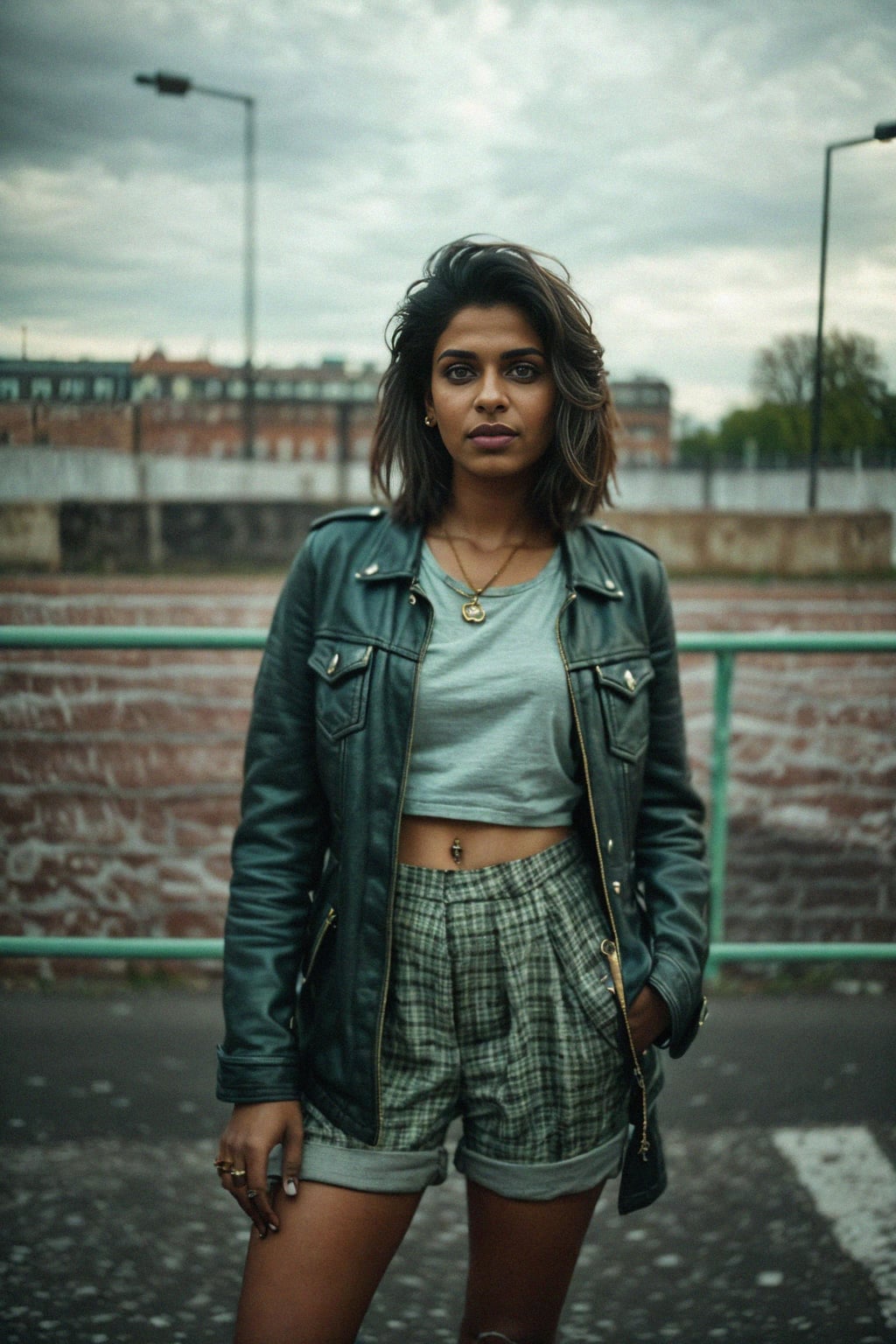 stylish and chic  woman in Berlin wearing a grunge-inspired outfit, Berlin Wall in the background