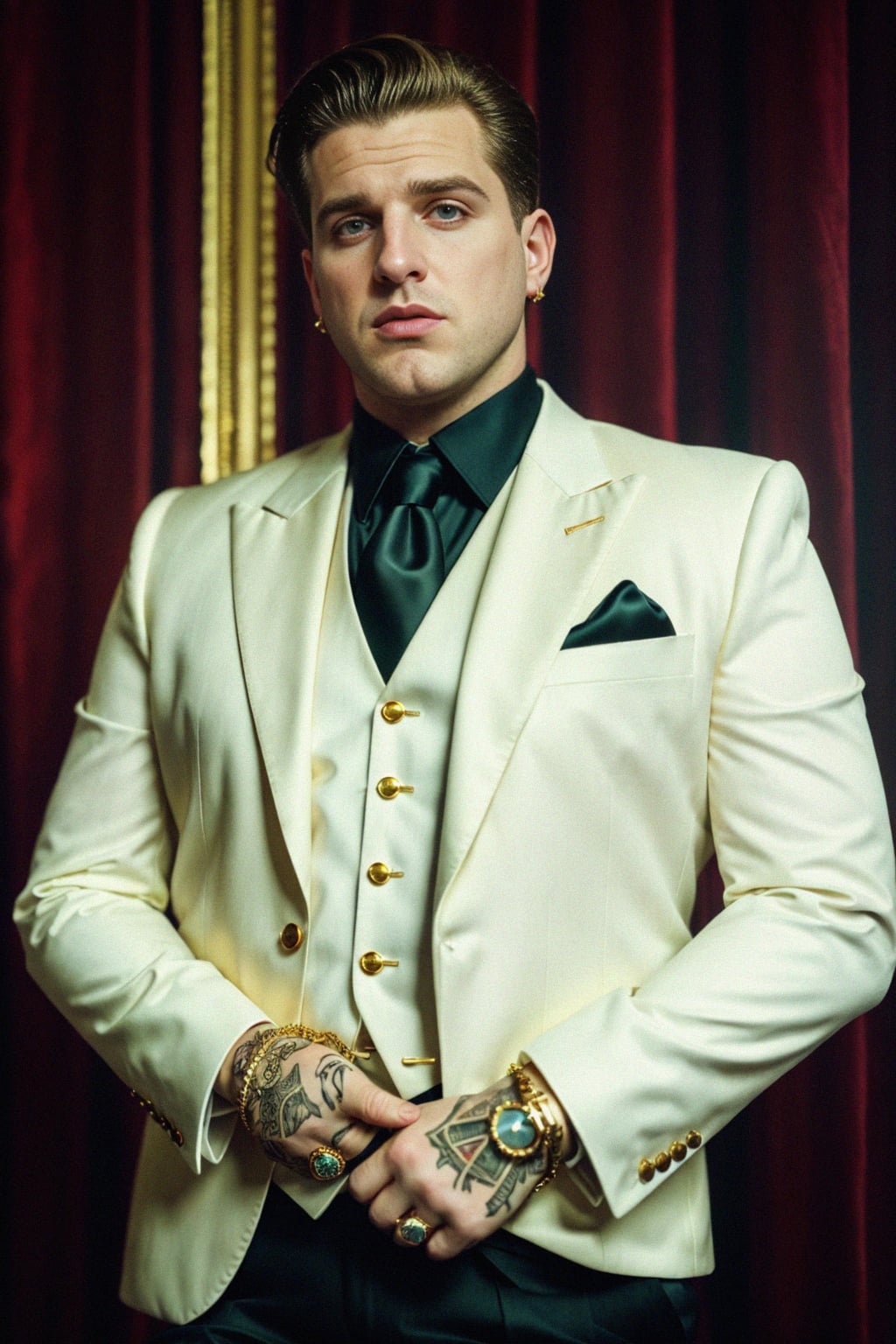 beautiful man as a mobster, mafia, mafia outfit, tailored suits, chunky gold jewelry, mafia aesthetic, flashy, glamorous, luxury, loud, Goodfellas, The Sopranos, Mob Wives, opulence, confidence