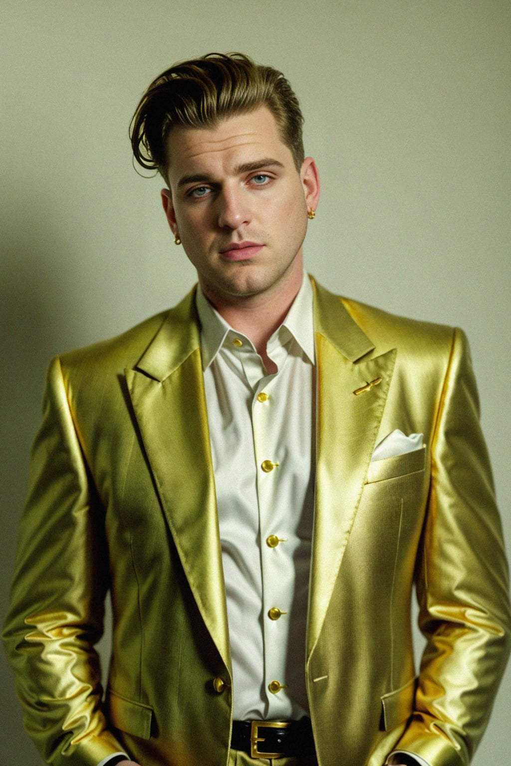 beautiful man as a mobster, mafia, mafia outfit, tailored suits, chunky gold jewelry, mafia aesthetic, flashy, glamorous, luxury, loud, Goodfellas, The Sopranos, Mob Wives, opulence, confidence