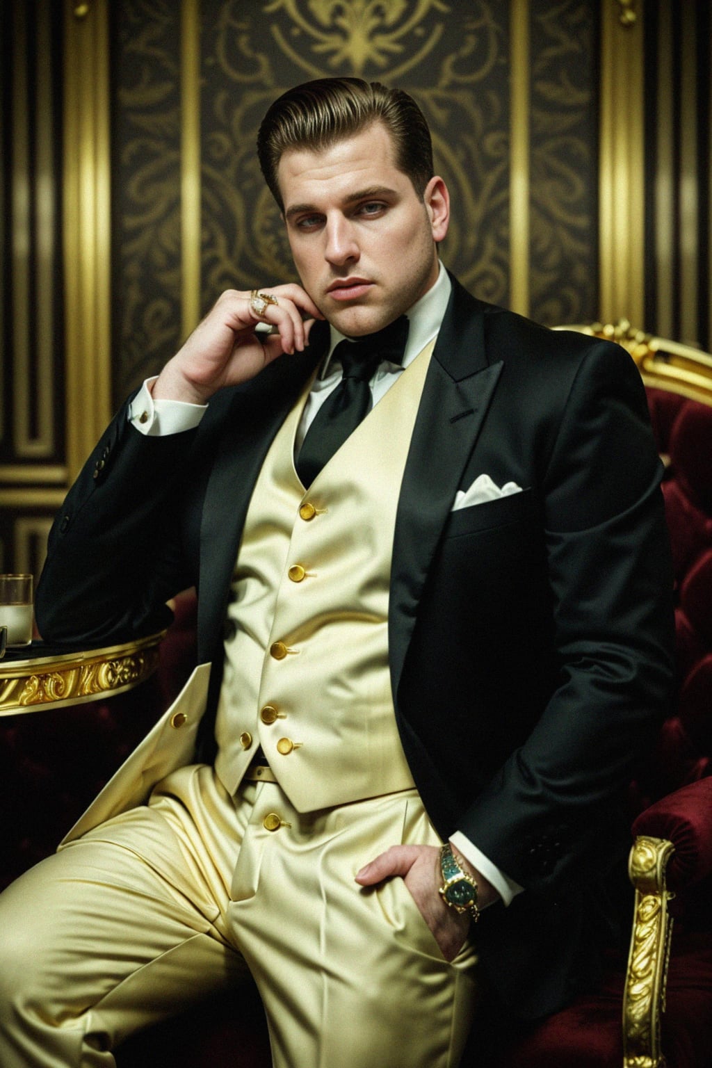 beautiful man as a mobster, mafia, mafia outfit, tailored suits, chunky gold jewelry, mafia aesthetic, flashy, glamorous, luxury, loud, Goodfellas, The Sopranos, Mob Wives, opulence, confidence