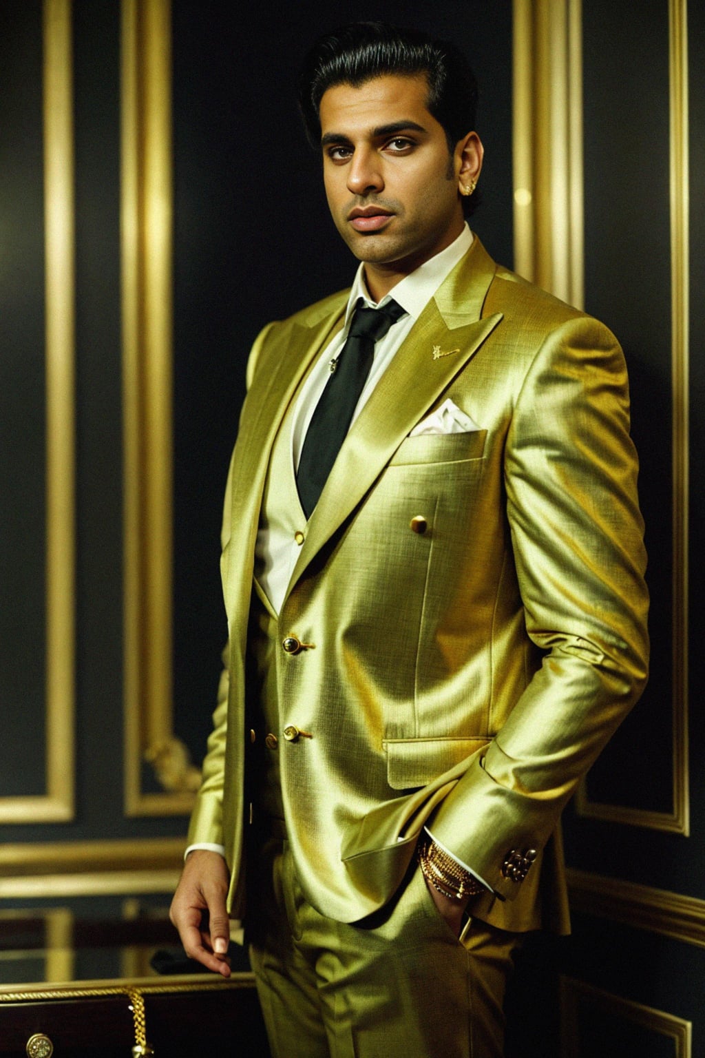 beautiful man as a mobster, mafia, mafia outfit, tailored suits, chunky gold jewelry, mafia aesthetic, flashy, glamorous, luxury, loud, Goodfellas, The Sopranos, Mob Wives, opulence, confidence