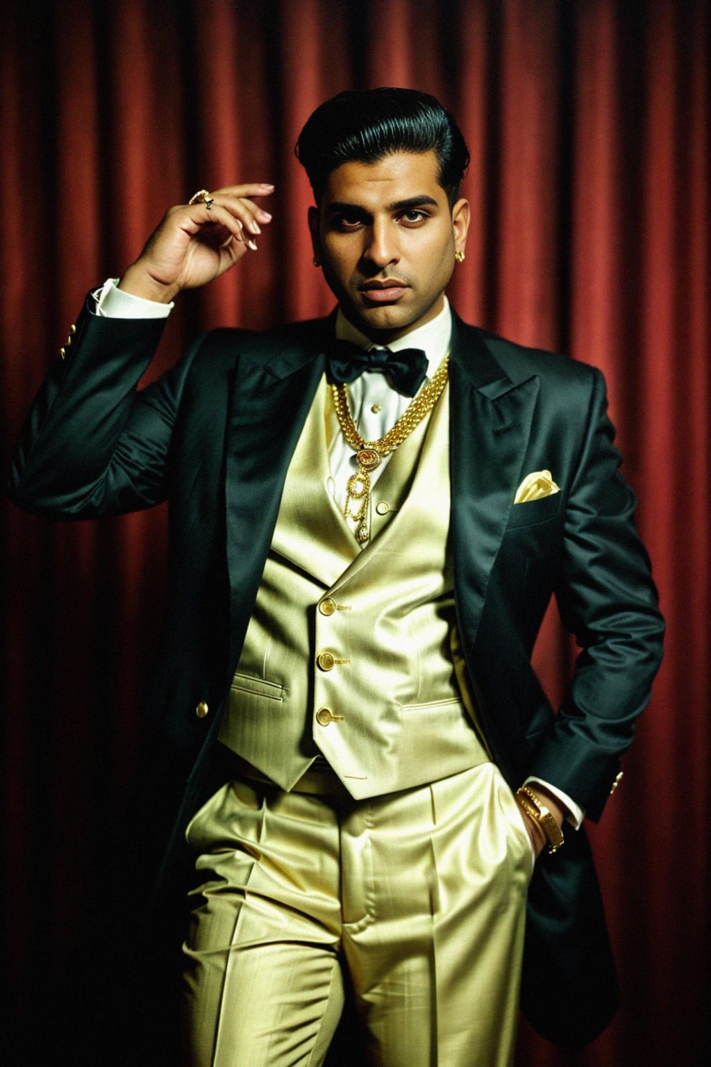 beautiful man as a mobster, mafia, mafia outfit, tailored suits, chunky gold jewelry, mafia aesthetic, flashy, glamorous, luxury, loud, Goodfellas, The Sopranos, Mob Wives, opulence, confidence