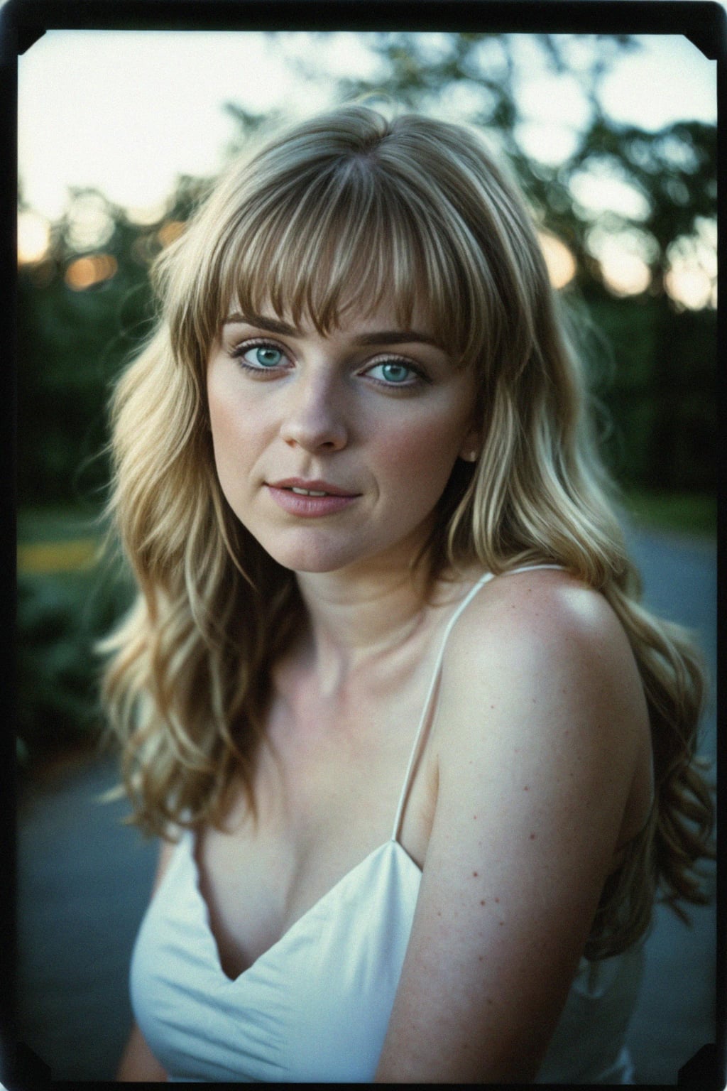 woman in polaroid classic photograph posing for photo outside