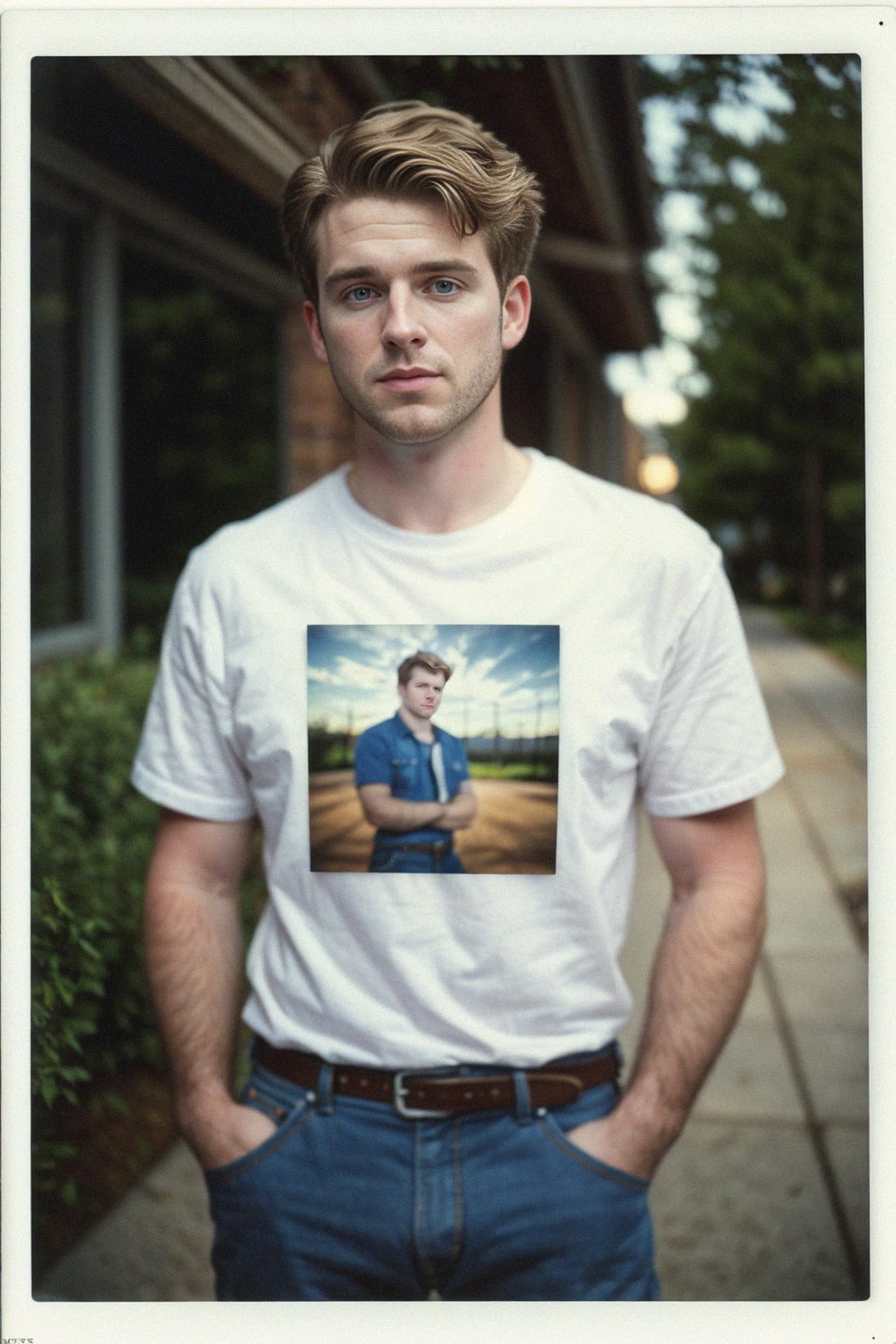 man in polaroid classic photograph posing for photo outside