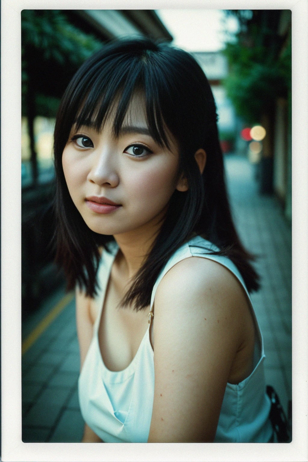 woman in polaroid classic photograph posing for photo outside