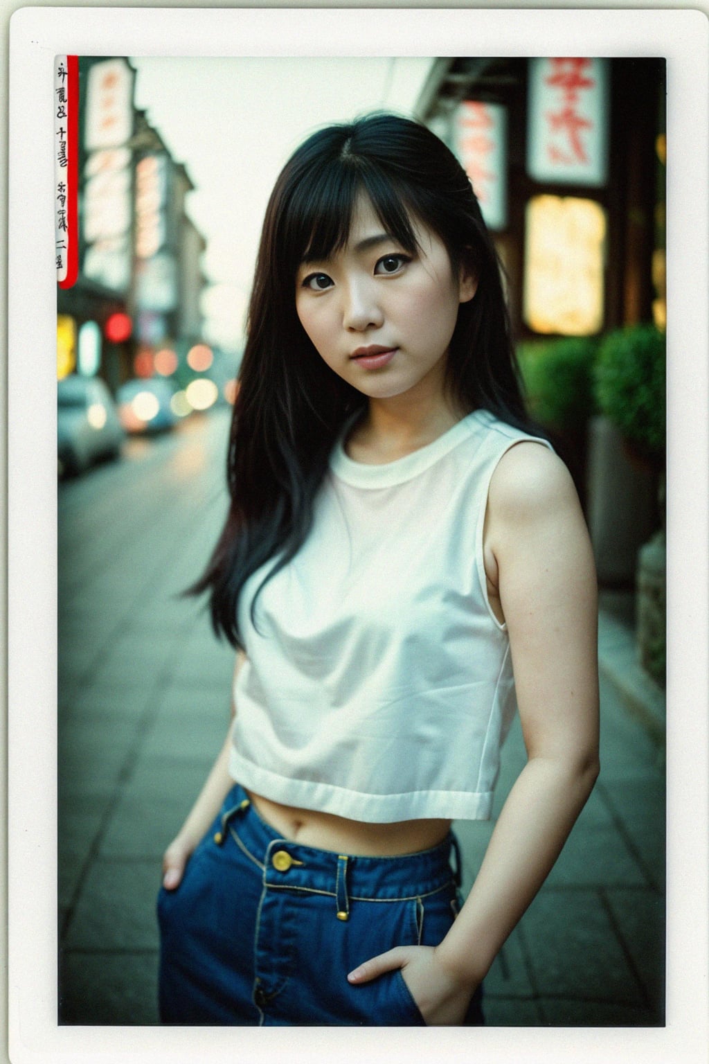 woman in polaroid classic photograph posing for photo outside