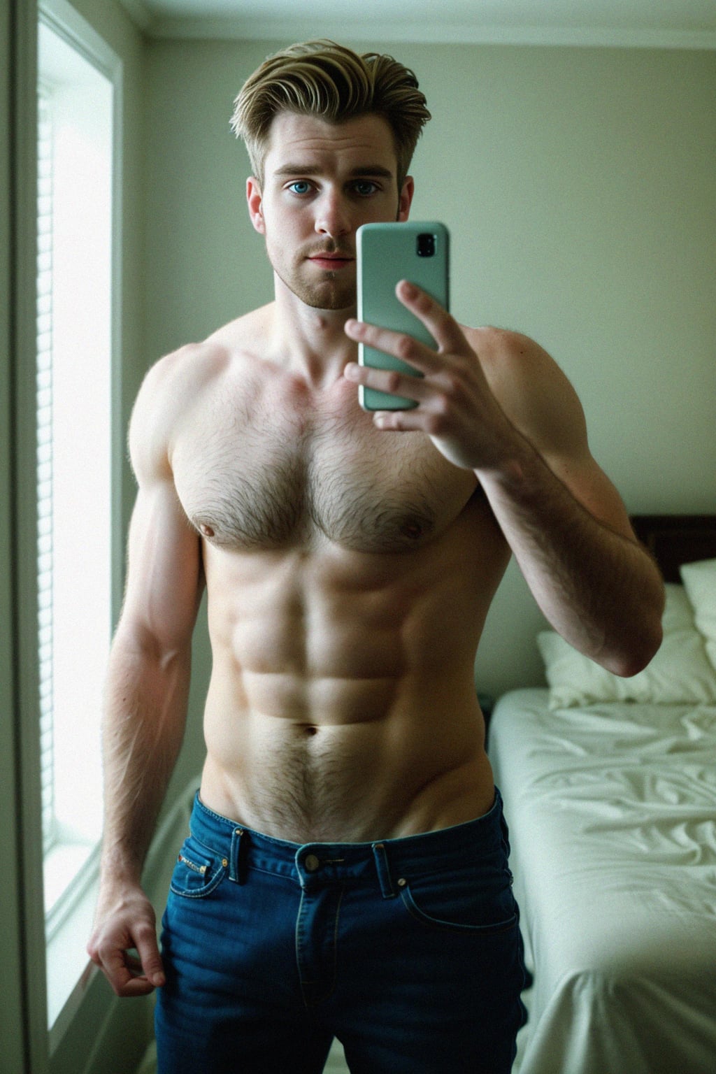beautiful man taking a selfie in bedroom mirror