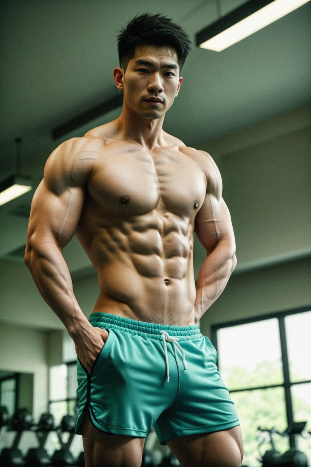 masculine  man wearing  gym shorts and tank top in the fitness gym working out