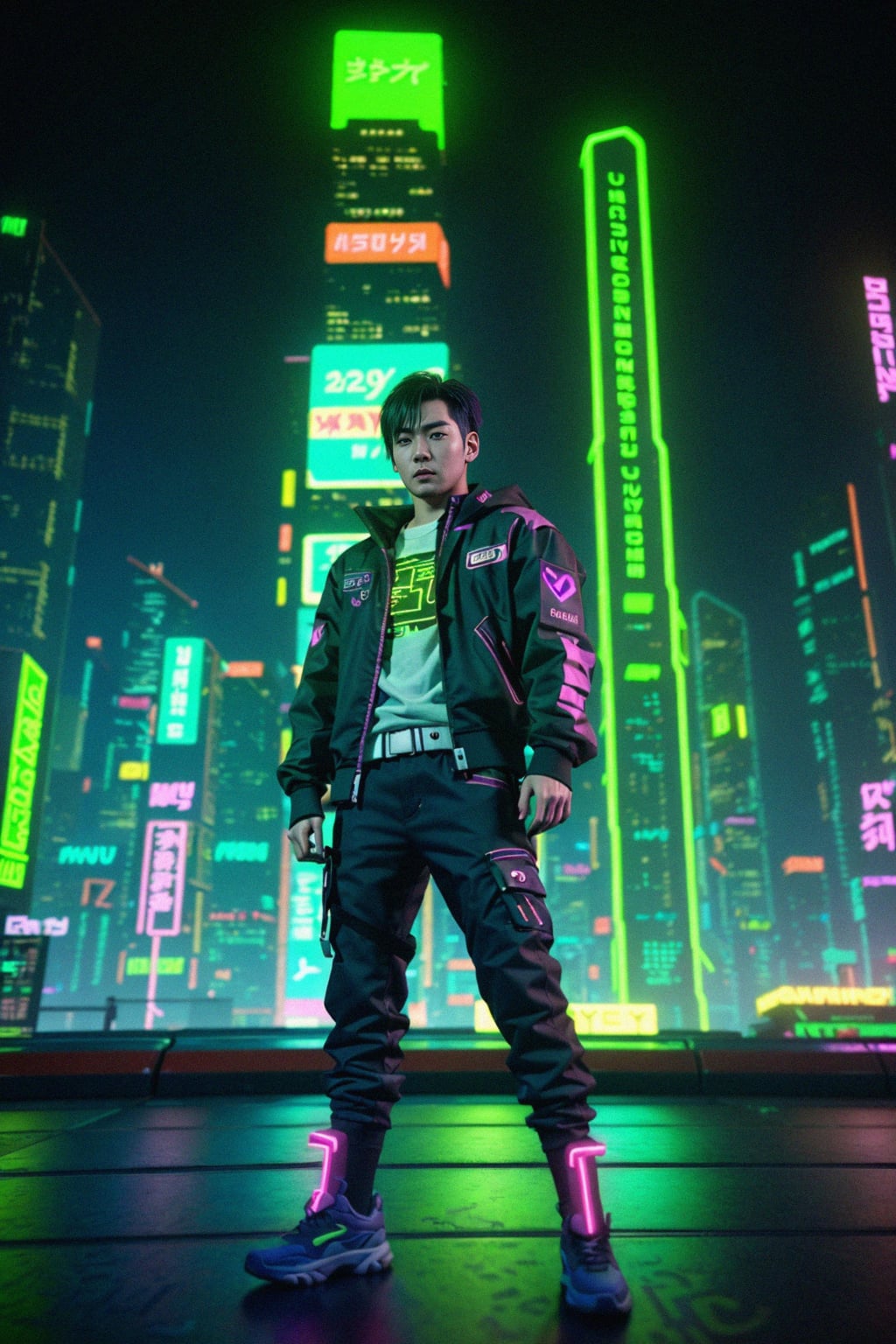 cyberpunk man with futuristic cyberpunk neon clothes standing in cyberpunk city with neon lights city on Mars in future, neon billboards, skyscrapers