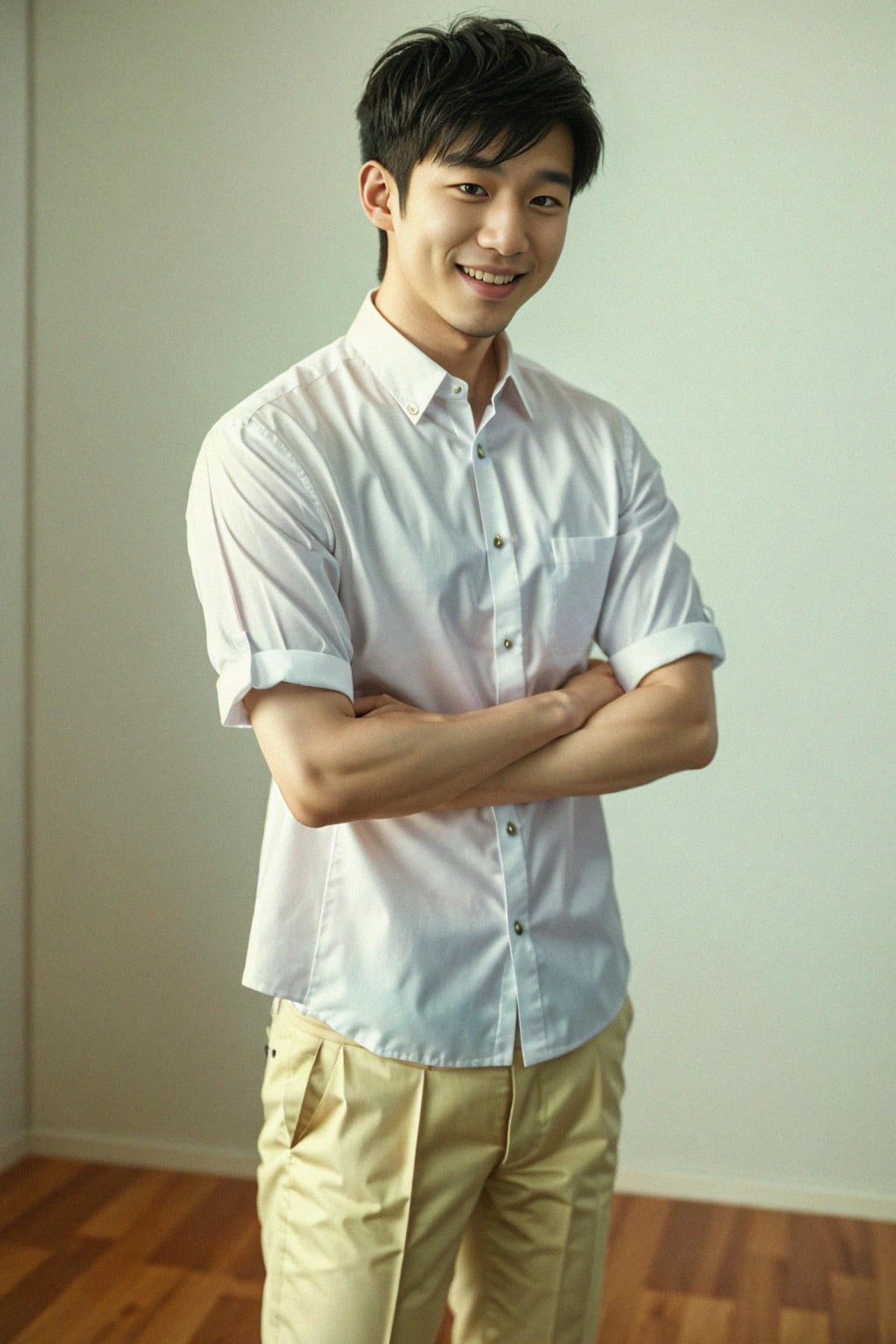 smiling man wearing  white collar shirt in try on fashion shoot for Zara Shein H&M