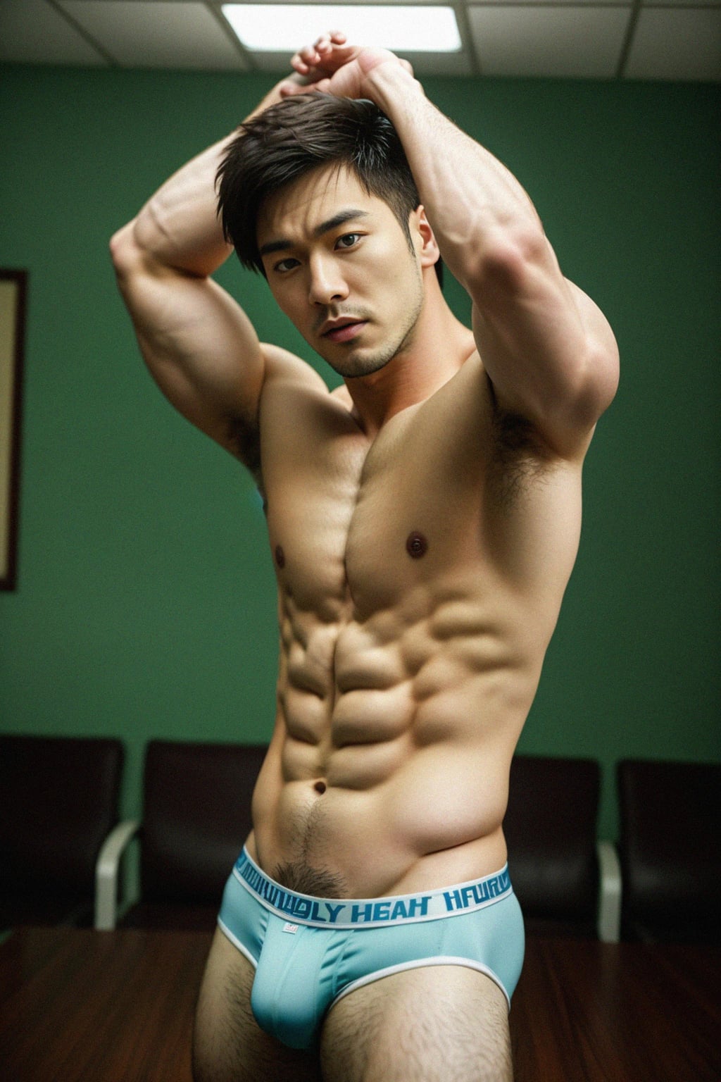 man wearing underwear  in Men's Health  centerfold photoshoot. intact eyes, symmetrical eyes, realistic skin texture. hyper realistic eyes. photorealistic