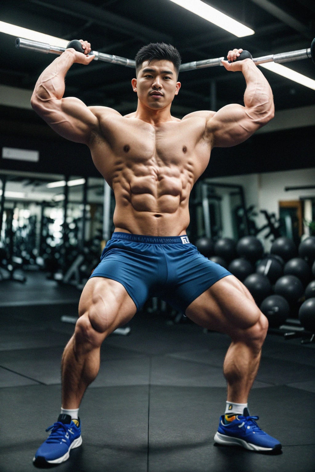 a fit male  man as fitness influencer performing a barbell curl in the gym, emphasizing arm development and strength