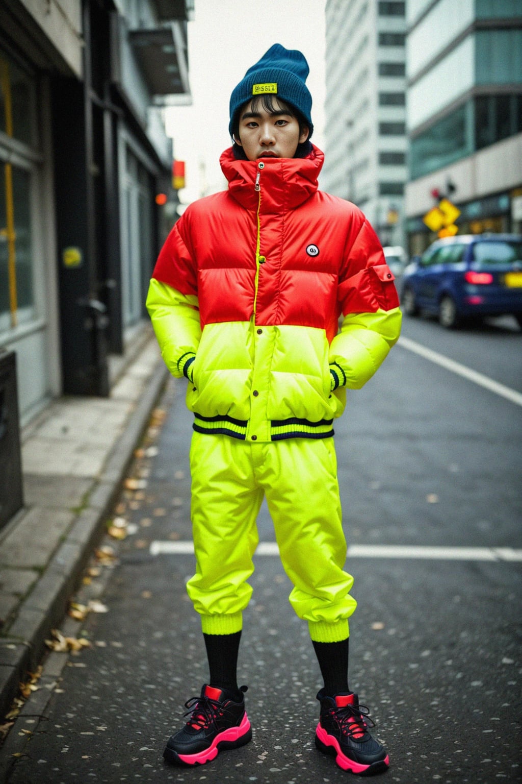 man wearing gorpcore aesthetic, functional outdoor clothing, bright colored puffer jacket, moonboots, beanie, white wool socks, outerwear, posing for photo in the street