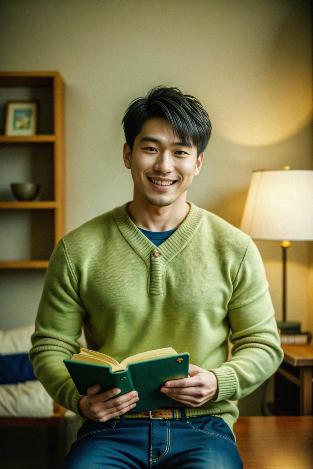 smiling masculine  man reading a book in a cozy home environment