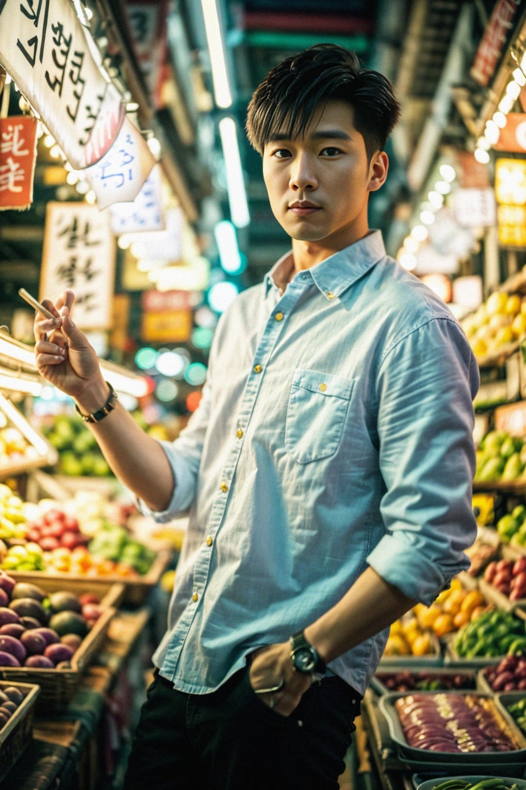 a stylish masculine  man exploring a vibrant market, interacting with vendors and discovering unique treasures.