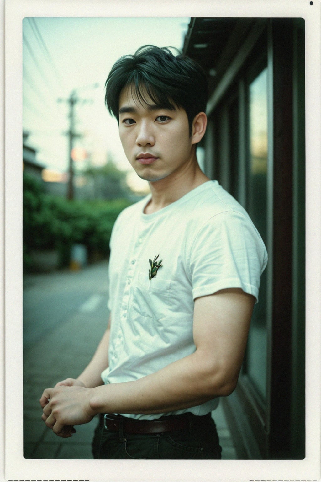 man in polaroid classic photograph posing for photo outside