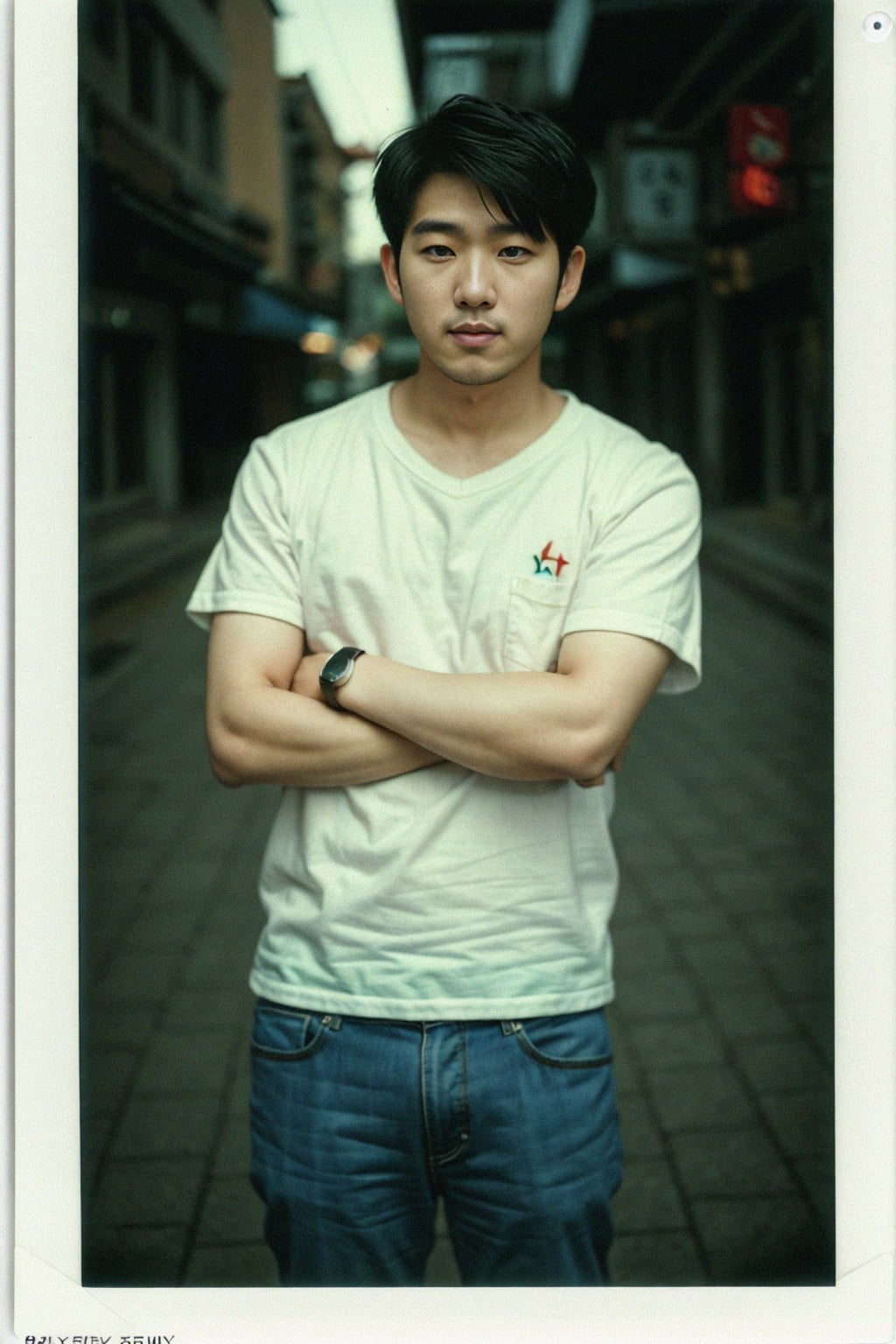man in polaroid classic photograph posing for photo outside