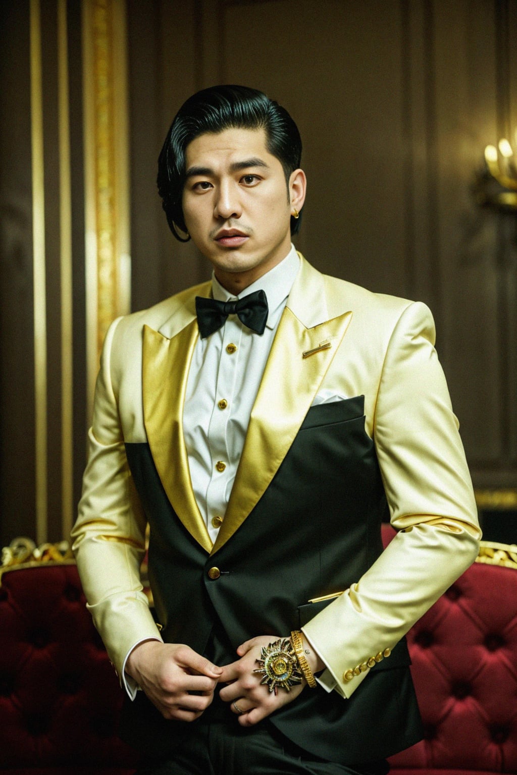 beautiful man as a mobster, mafia, mafia outfit, tailored suits, chunky gold jewelry, mafia aesthetic, flashy, glamorous, luxury, loud, Goodfellas, The Sopranos, Mob Wives, opulence, confidence