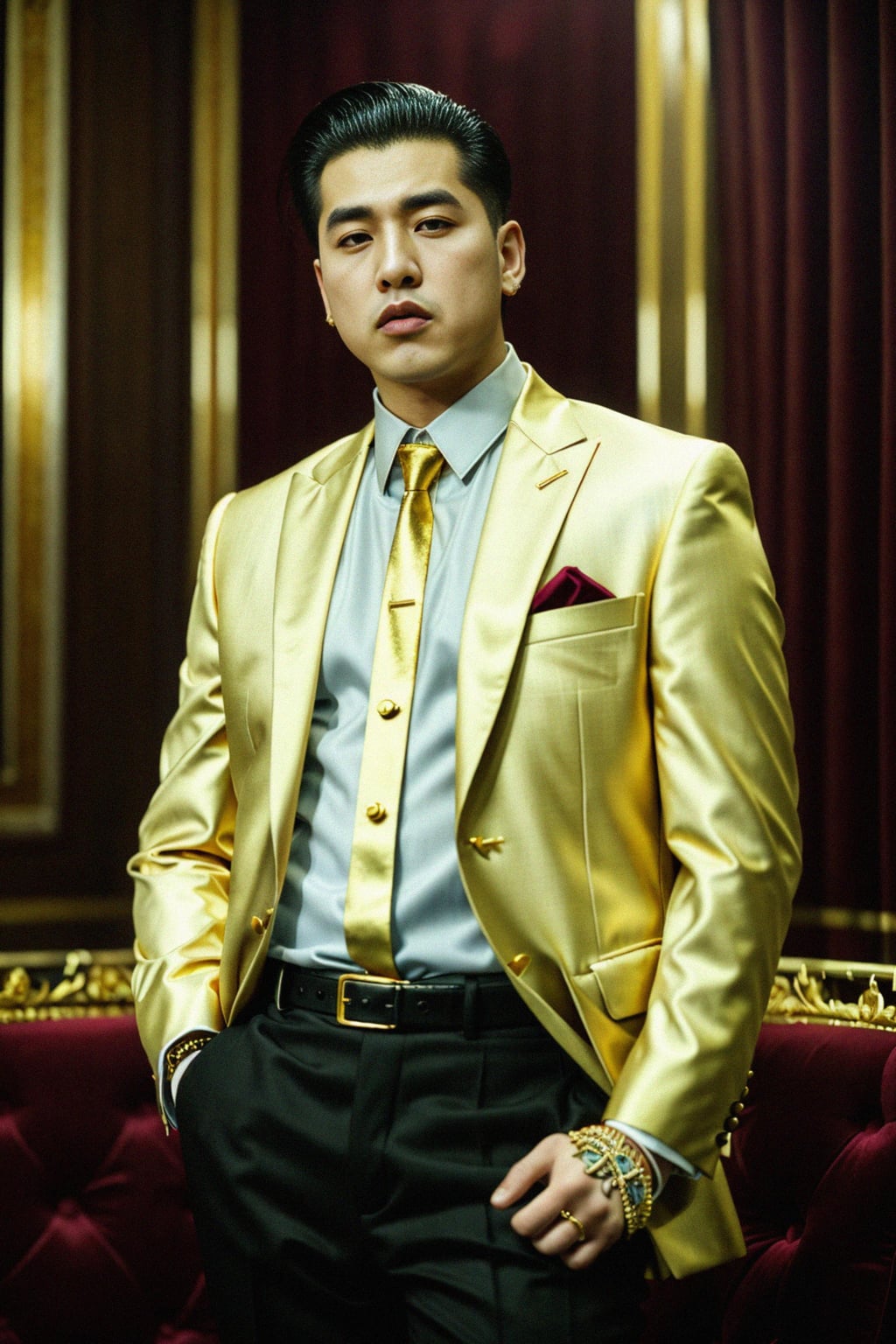beautiful man as a mobster, mafia, mafia outfit, tailored suits, chunky gold jewelry, mafia aesthetic, flashy, glamorous, luxury, loud, Goodfellas, The Sopranos, Mob Wives, opulence, confidence