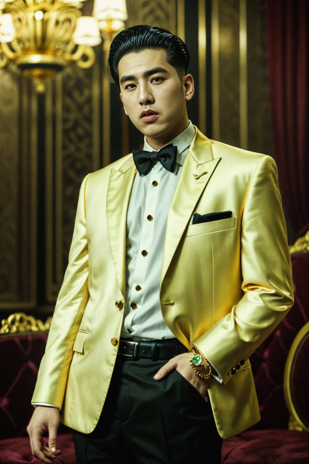 beautiful man as a mobster, mafia, mafia outfit, tailored suits, chunky gold jewelry, mafia aesthetic, flashy, glamorous, luxury, loud, Goodfellas, The Sopranos, Mob Wives, opulence, confidence