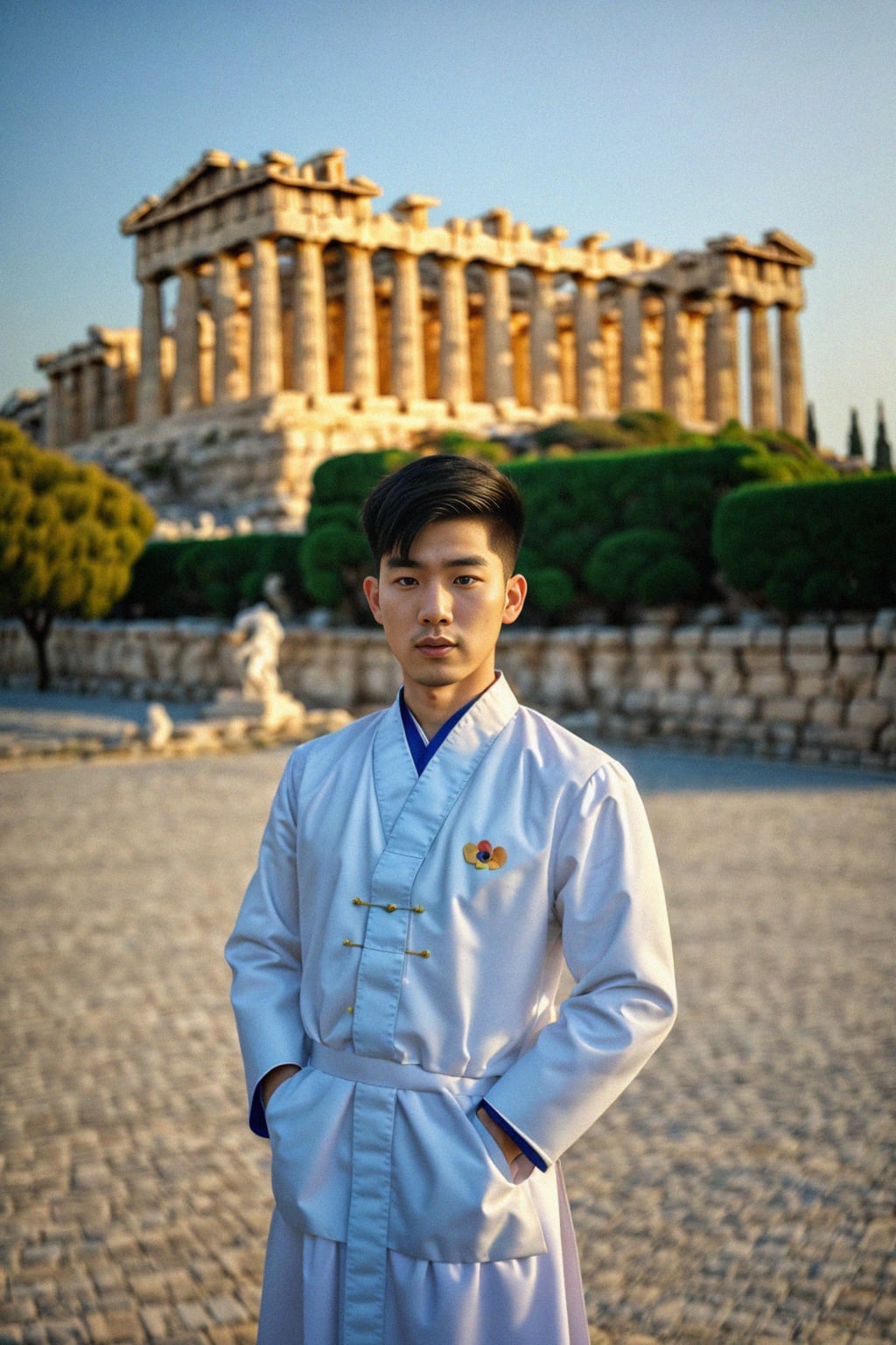 impressive and traditional man in Athens wearing a traditional Evzone uniform/Amalia dress, Parthenon in the background