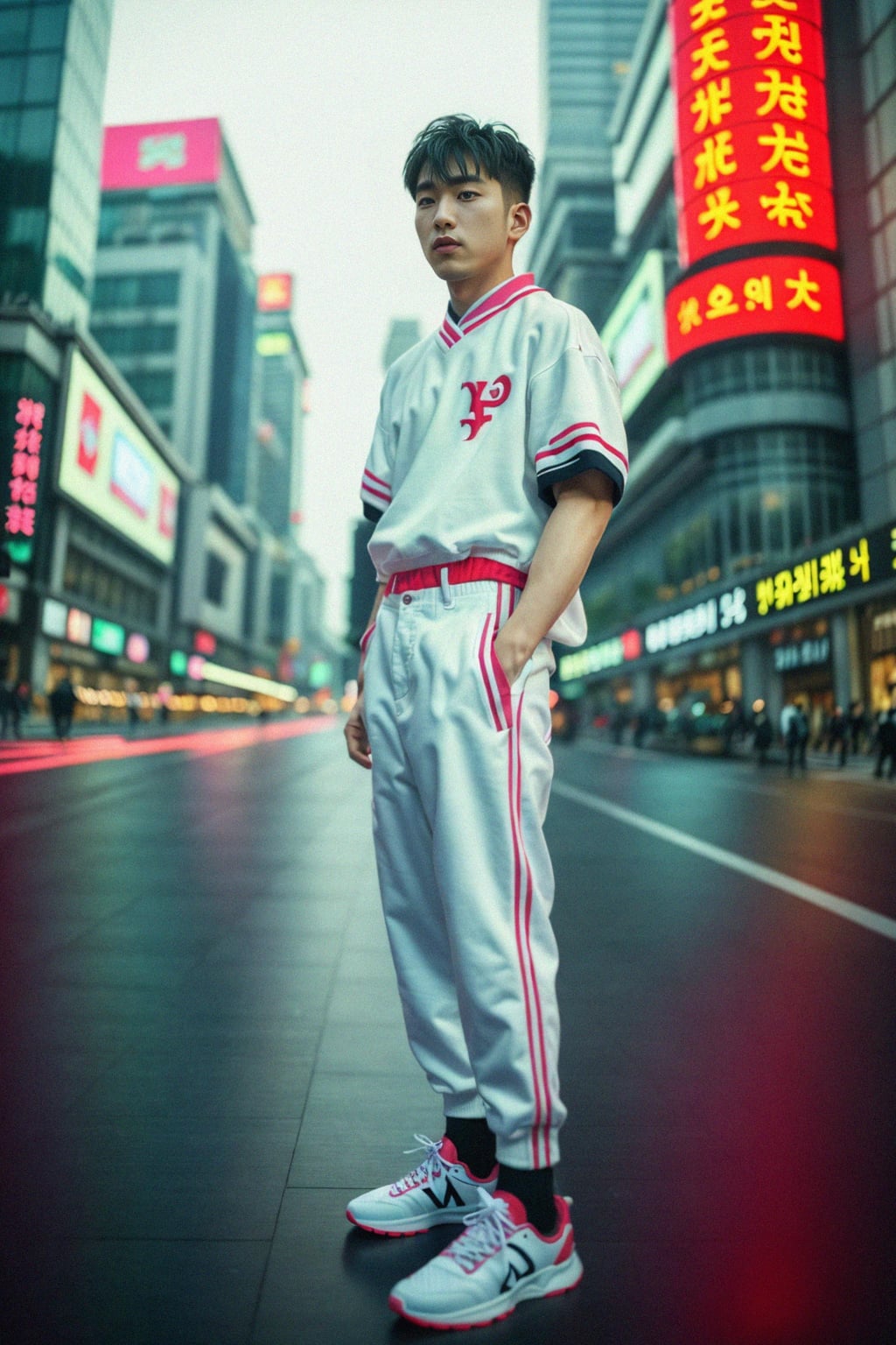 sharp and trendy man in Shanghai wearing a contemporary streetwear outfit, Nanjing Road in the background