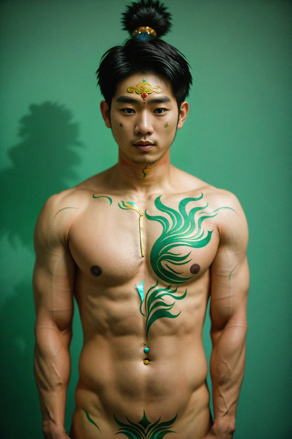 man engaged in a sacred ritual or ceremony, adorned with symbolic attire or body paint, expressing the connection to ancient traditions and spirituality