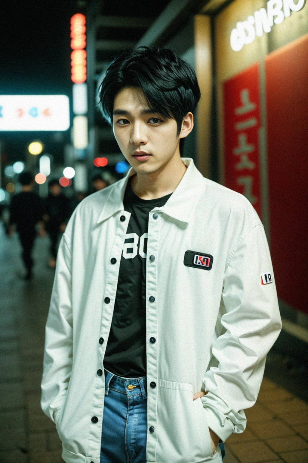 Korean man (with black hair) (as korean kpop k-pop idol) posing for photo, wearing Korean clothes, Korean fashion, Korean fashion, Korean makeup, (in front of solid background)